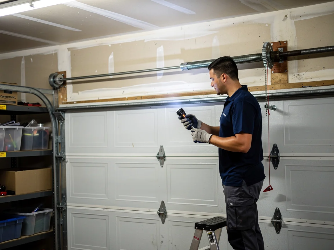 A technician shines a flashlight on a garage door torsion spring.
