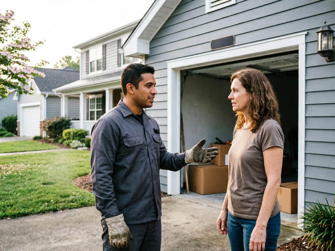 A technician in work clothes talks to a woman in front of a house.
