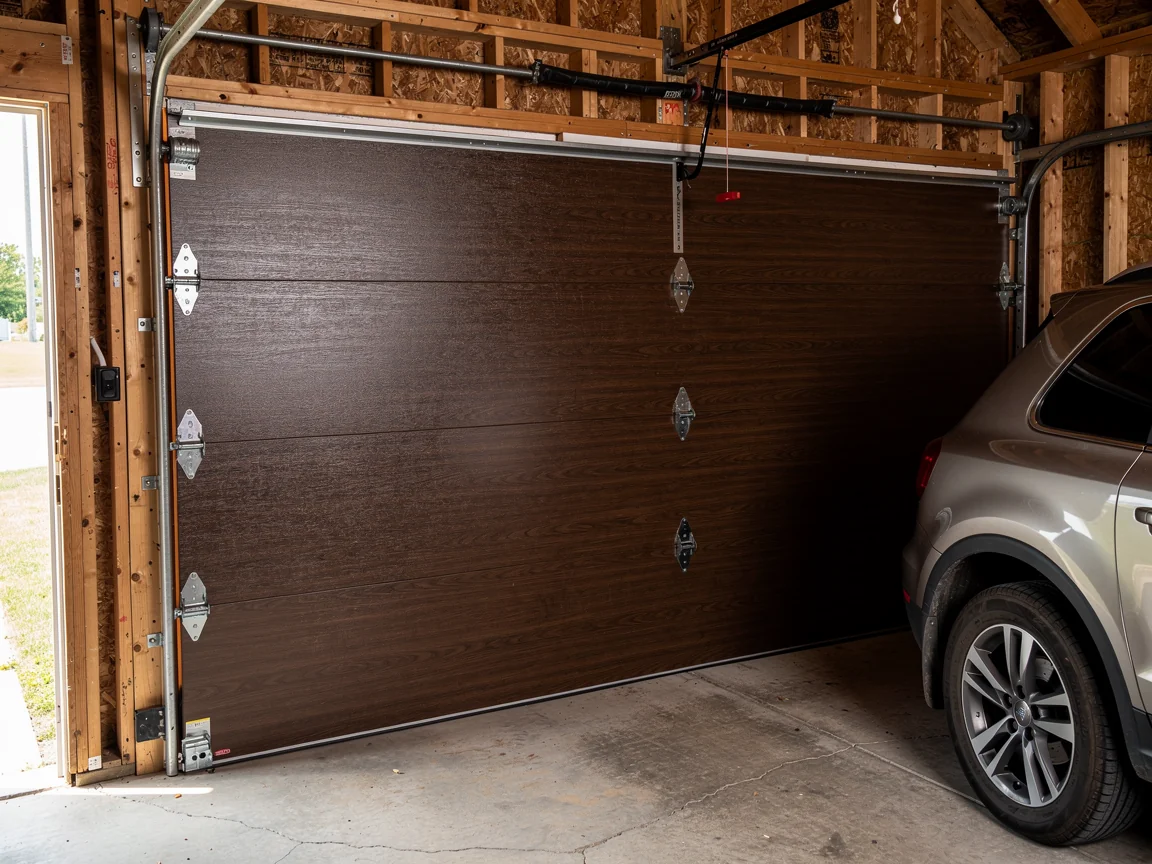 A brown garage door is partially open with a car parked inside.