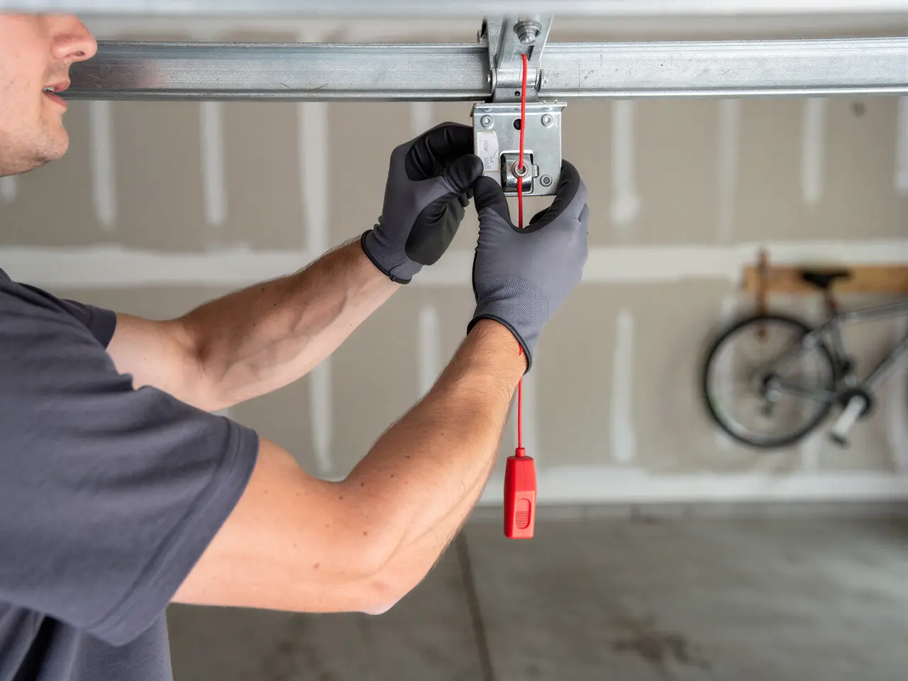A technician in gloves is adjusting the emergency release cord on a garage door opener.